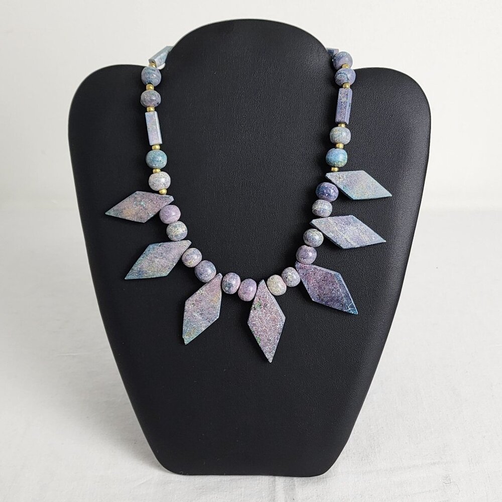 Handcrafted Artisan Beaded Necklace With Diamond Shaped Stone Pendants Purple